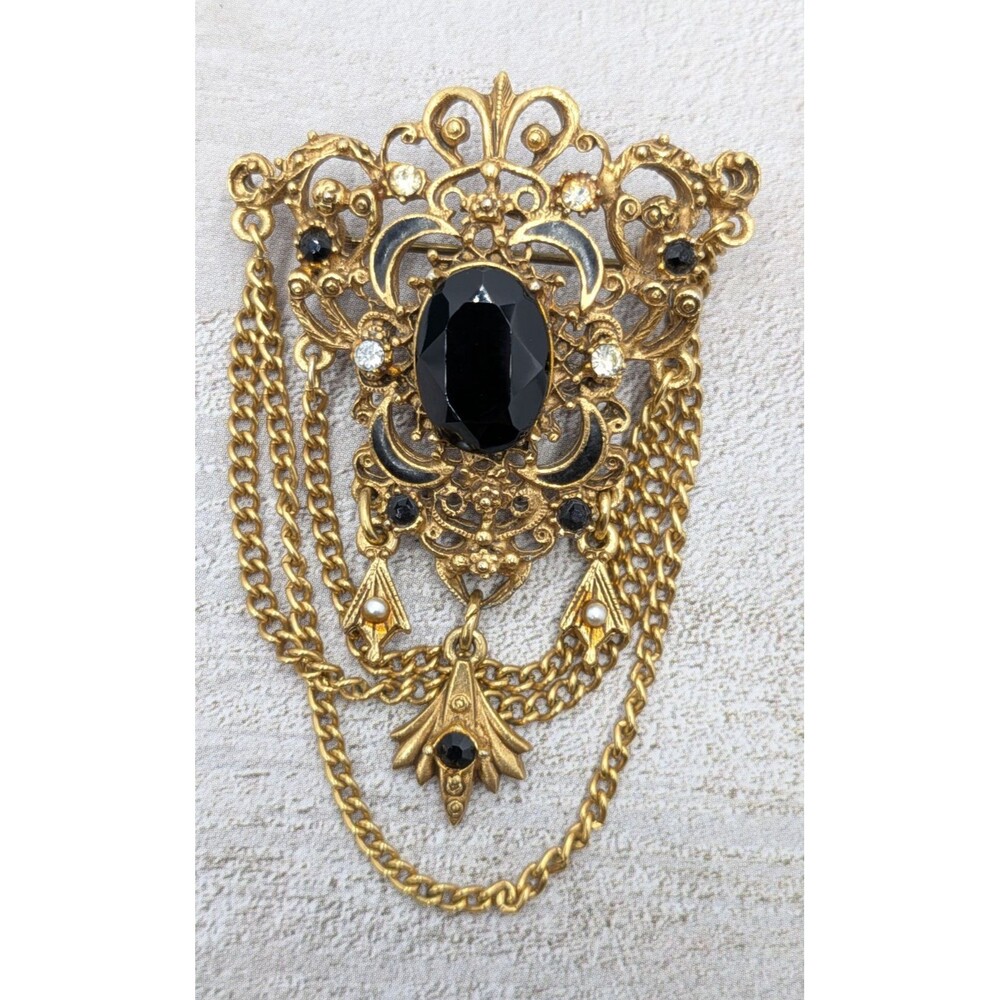 Florenza Brooch Black Cabochon Drape Chain Gold Tone Filigree 2.5in Signed Pin - Picture 5 of 16